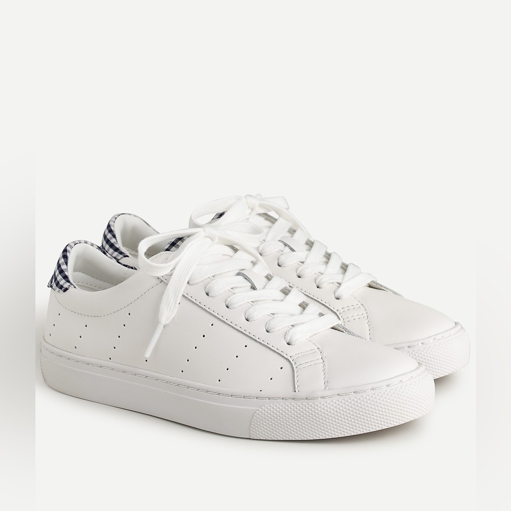 JCrew Saturday Sneakers in White Leather with blue gingham trim on heels.  SZ 9